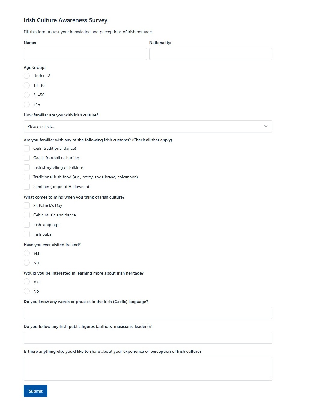 Irish Culture Awareness Survey