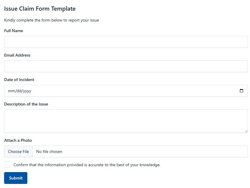 Issue Claim Form Template