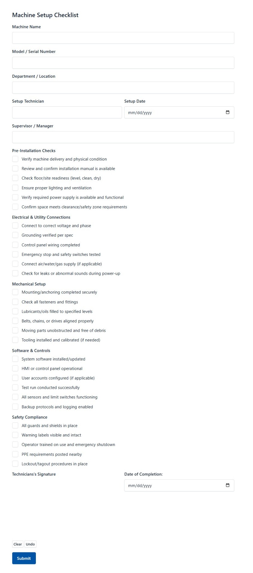 Machine Setup Checklist