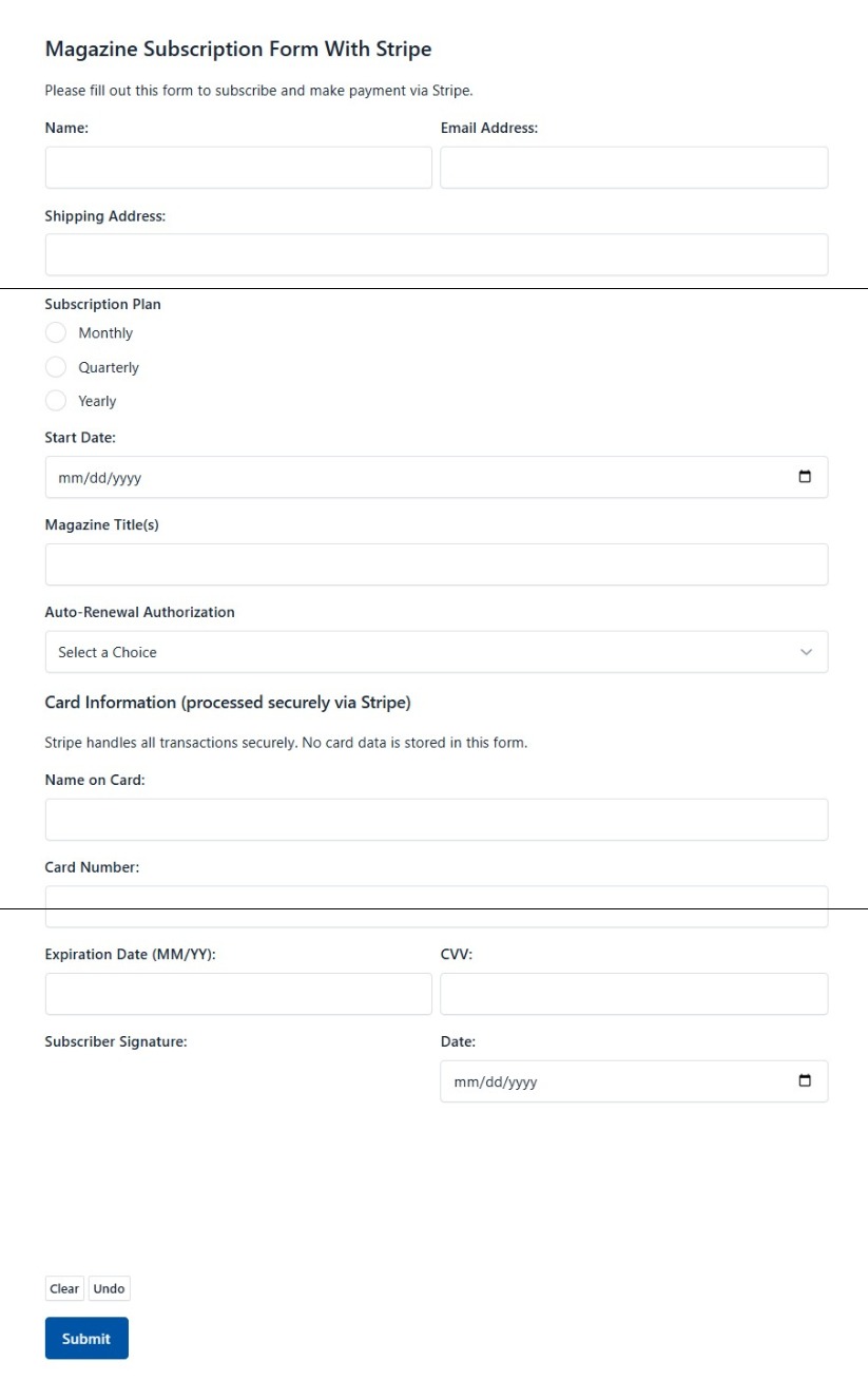 Magazine Subscription Form Template With Stripe