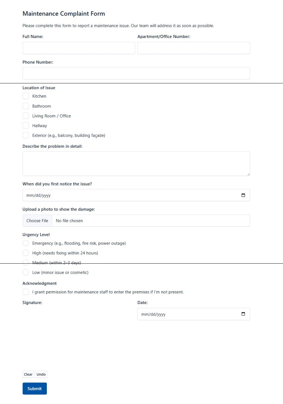 Maintenance Complaint Form
