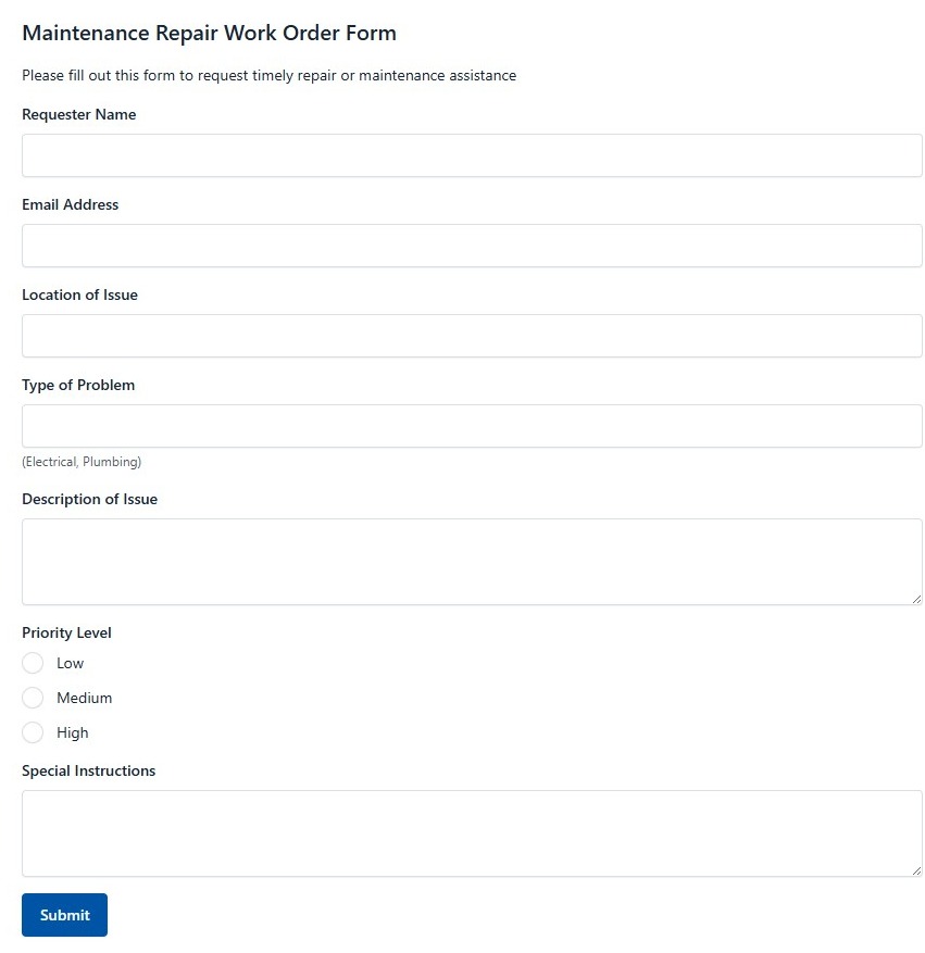 Maintenance Repair Work Order Form