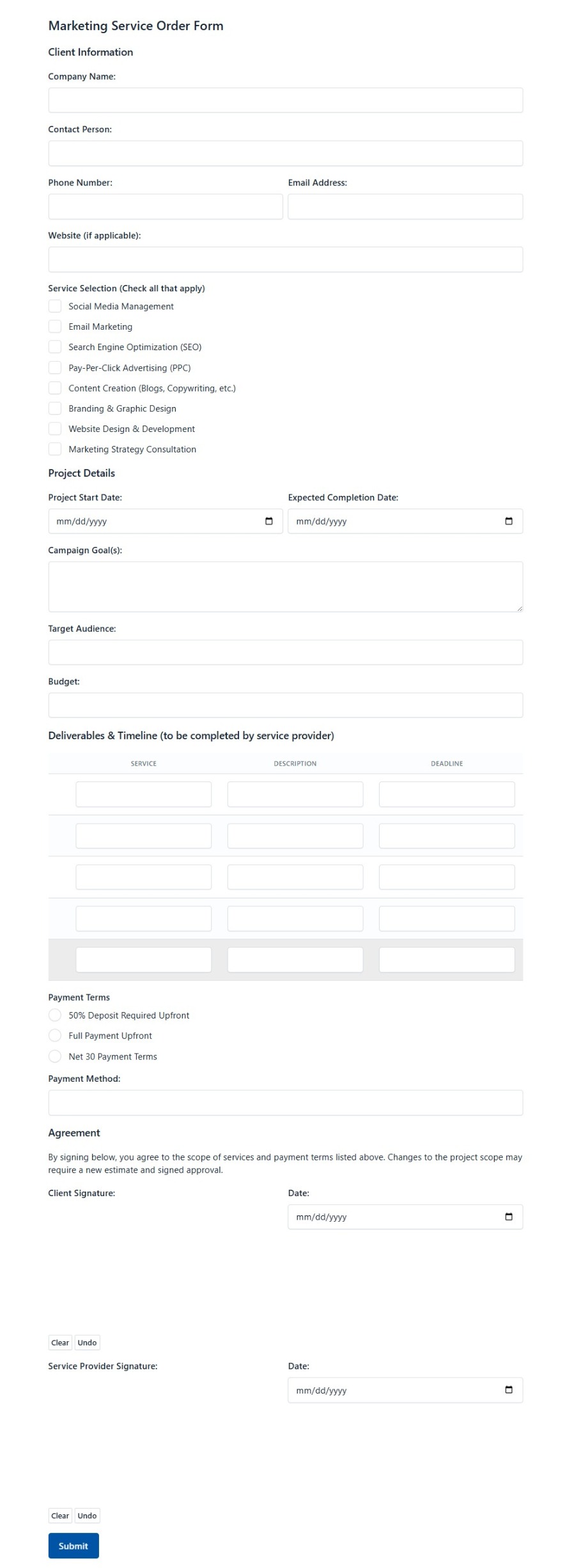 Marketing Service Order Form