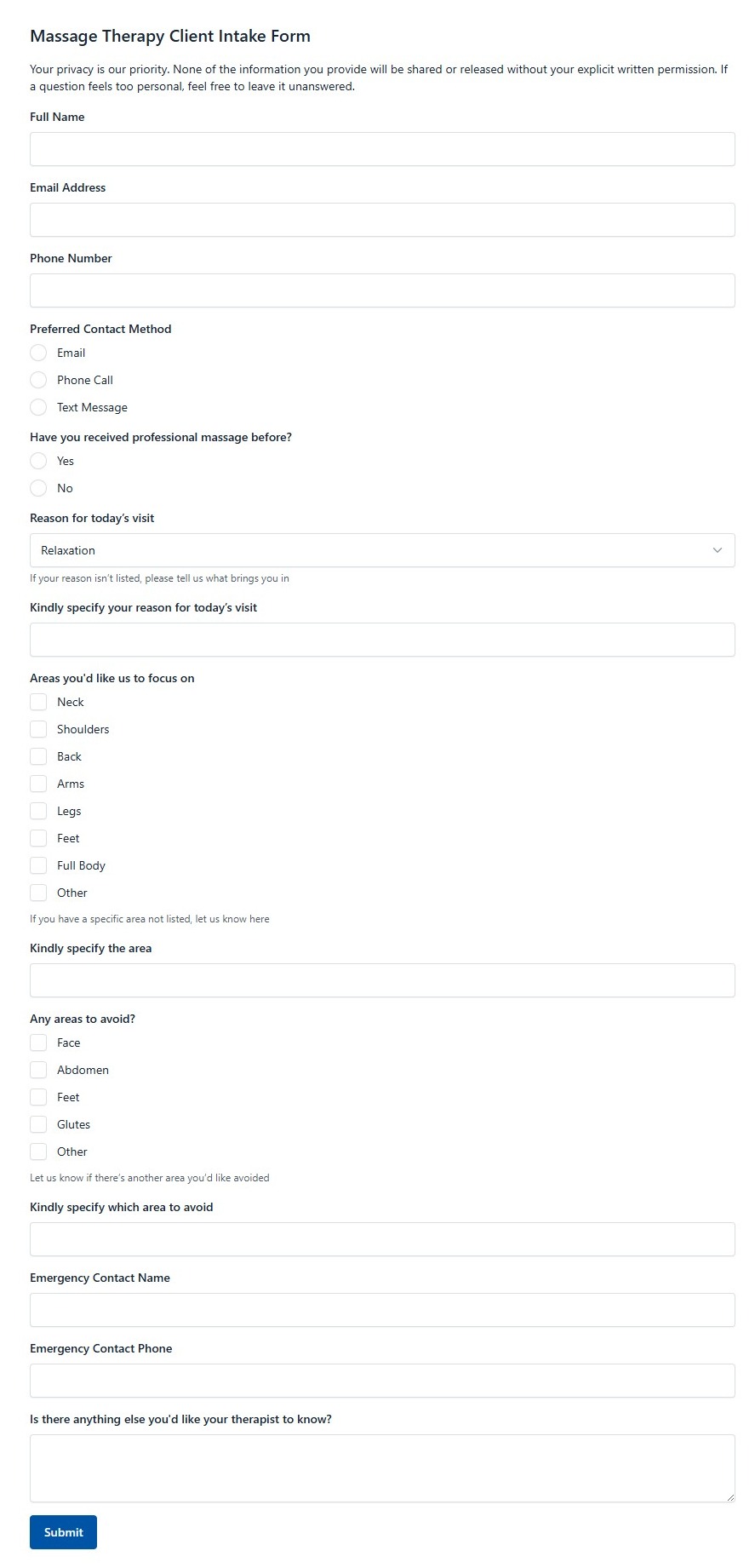 Massage Therapy Client Intake Form