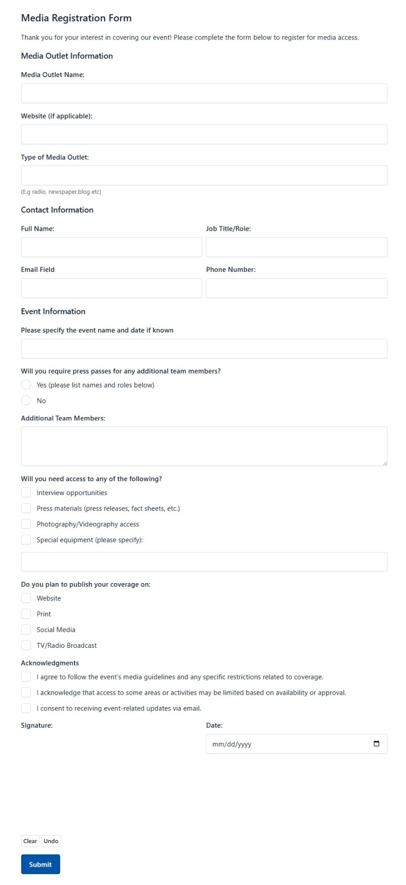 Media Registration Form