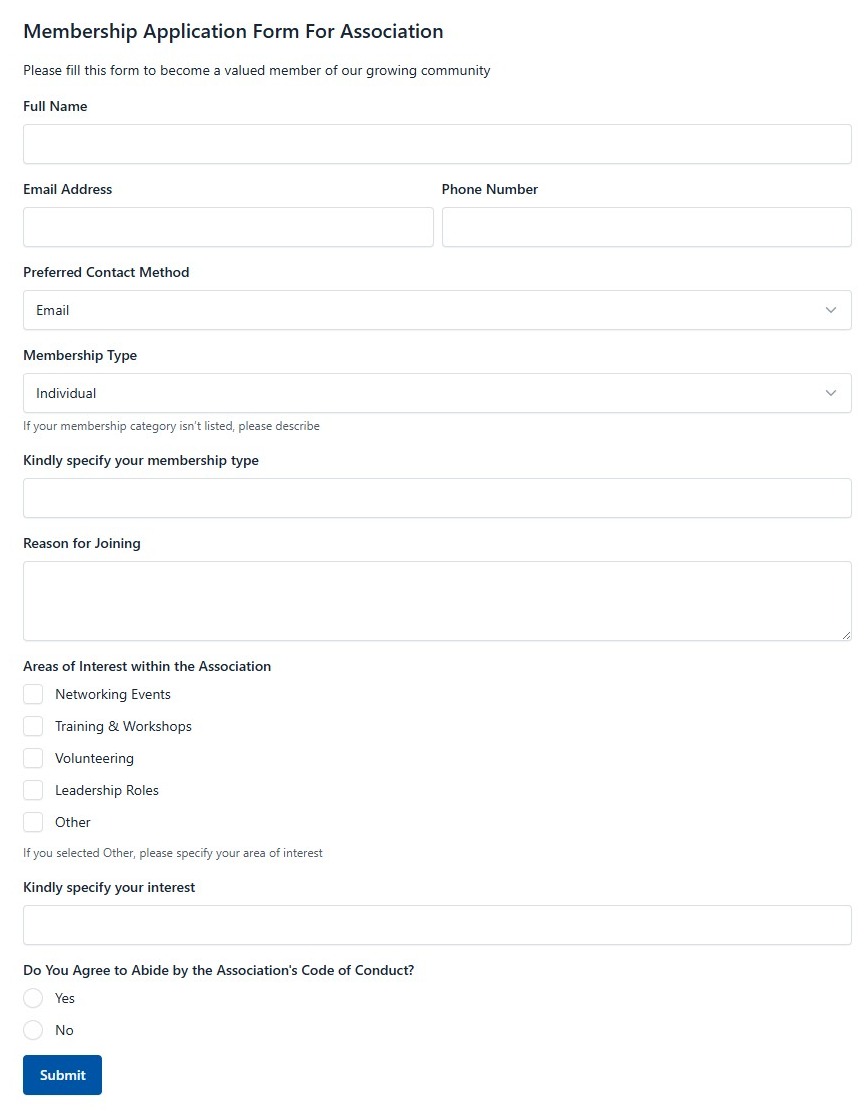 Membership Application Form For Association