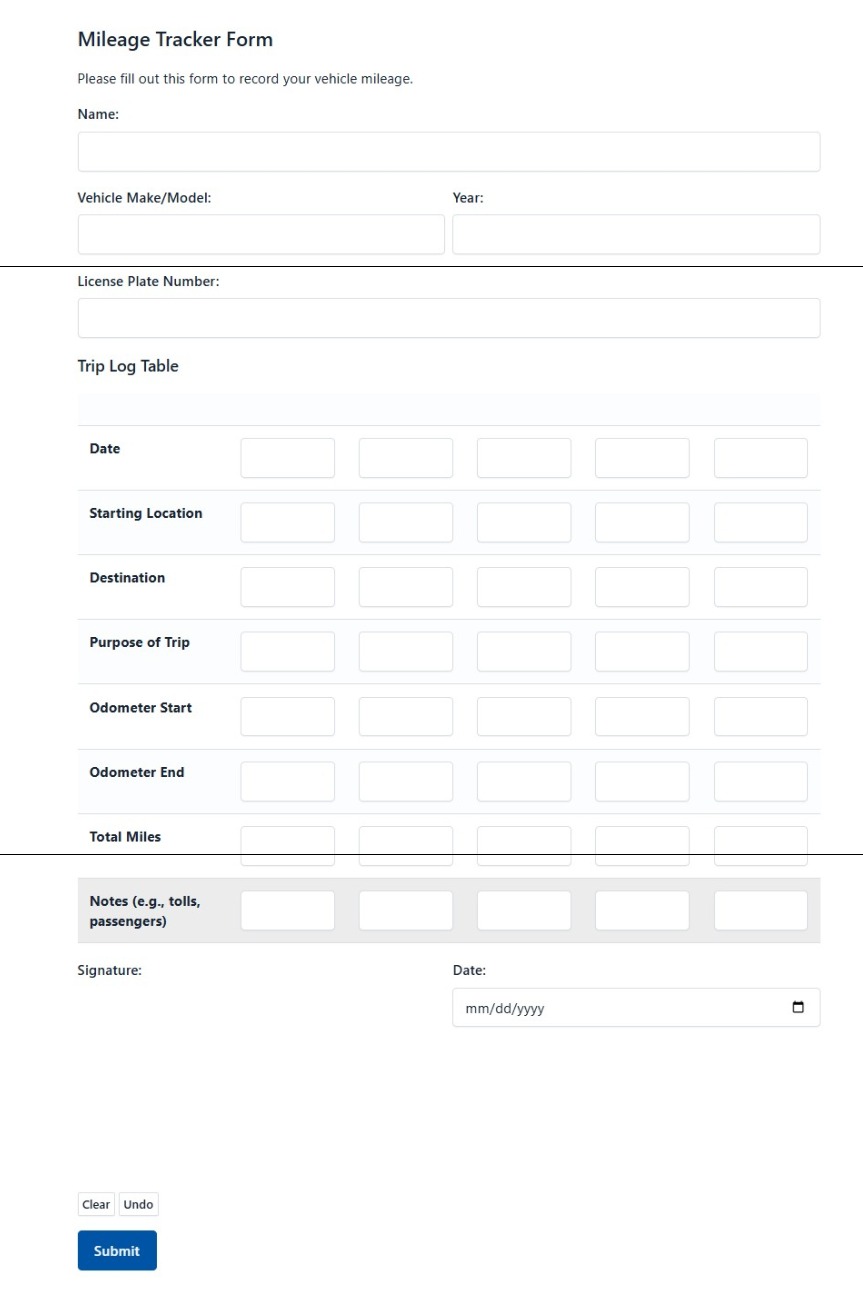 Mileage Tracker Form Template