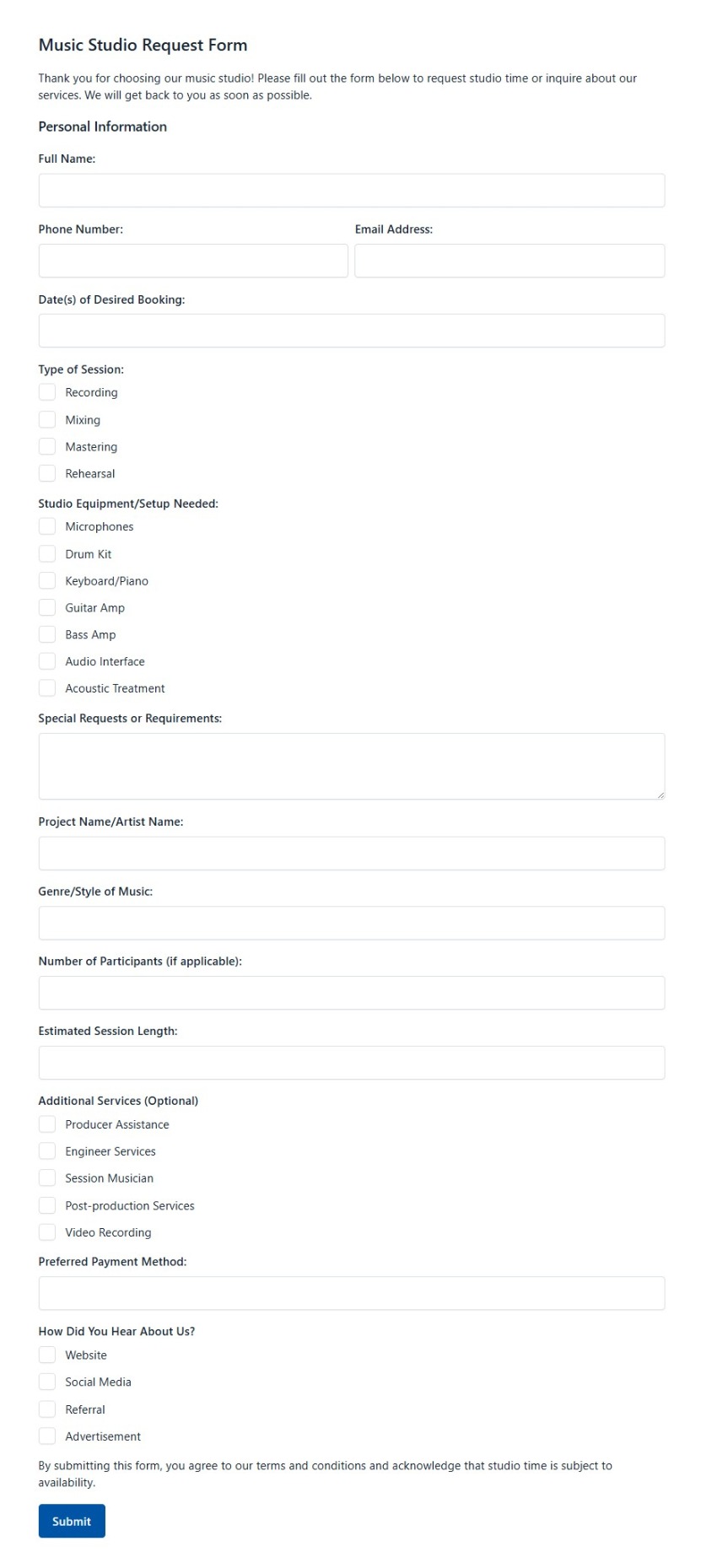 Music Studio Request Form