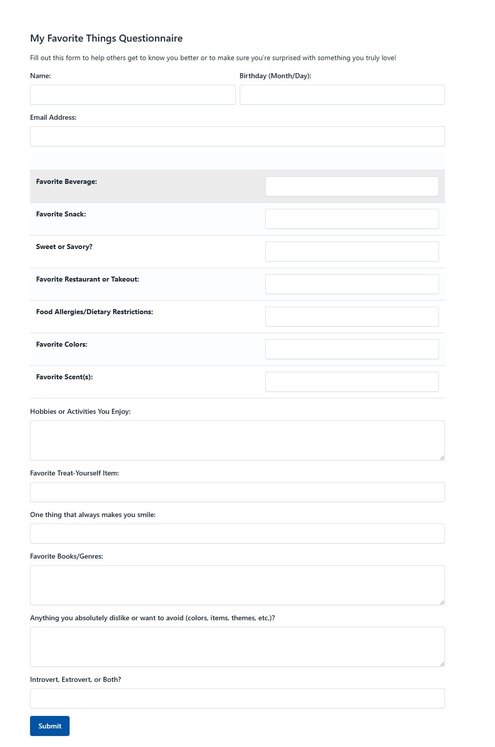 My Favorite Things Questionnaire