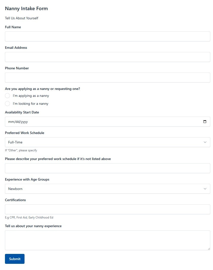 Nanny Intake Form
