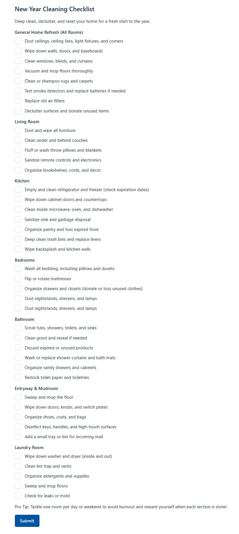 New Year Cleaning Checklist