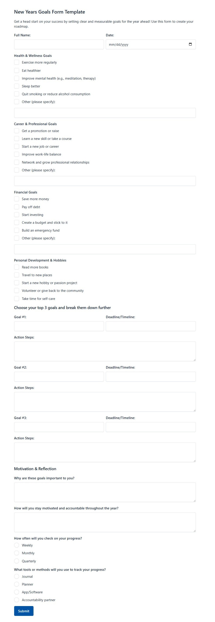 New Years Goals Form Template