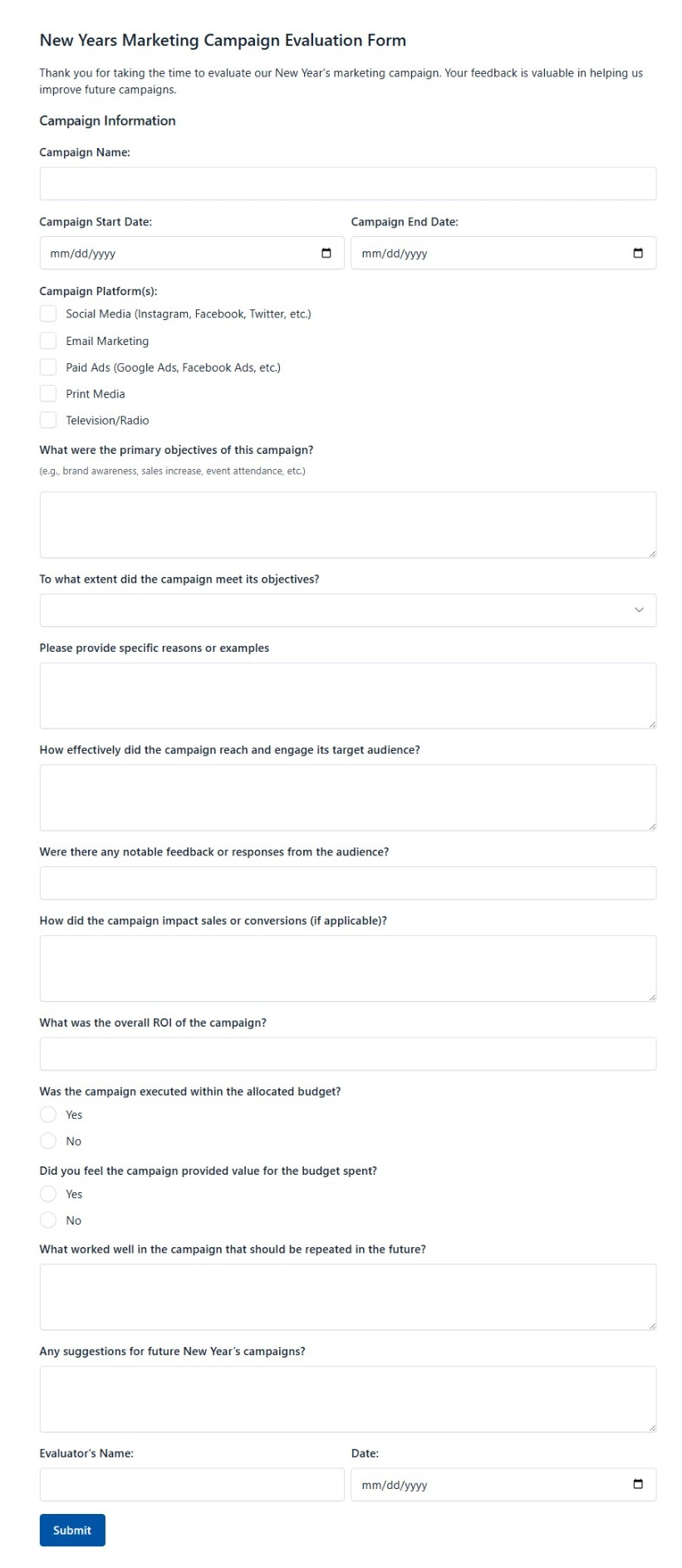 New Years Marketing Campaign Evaluation Form
