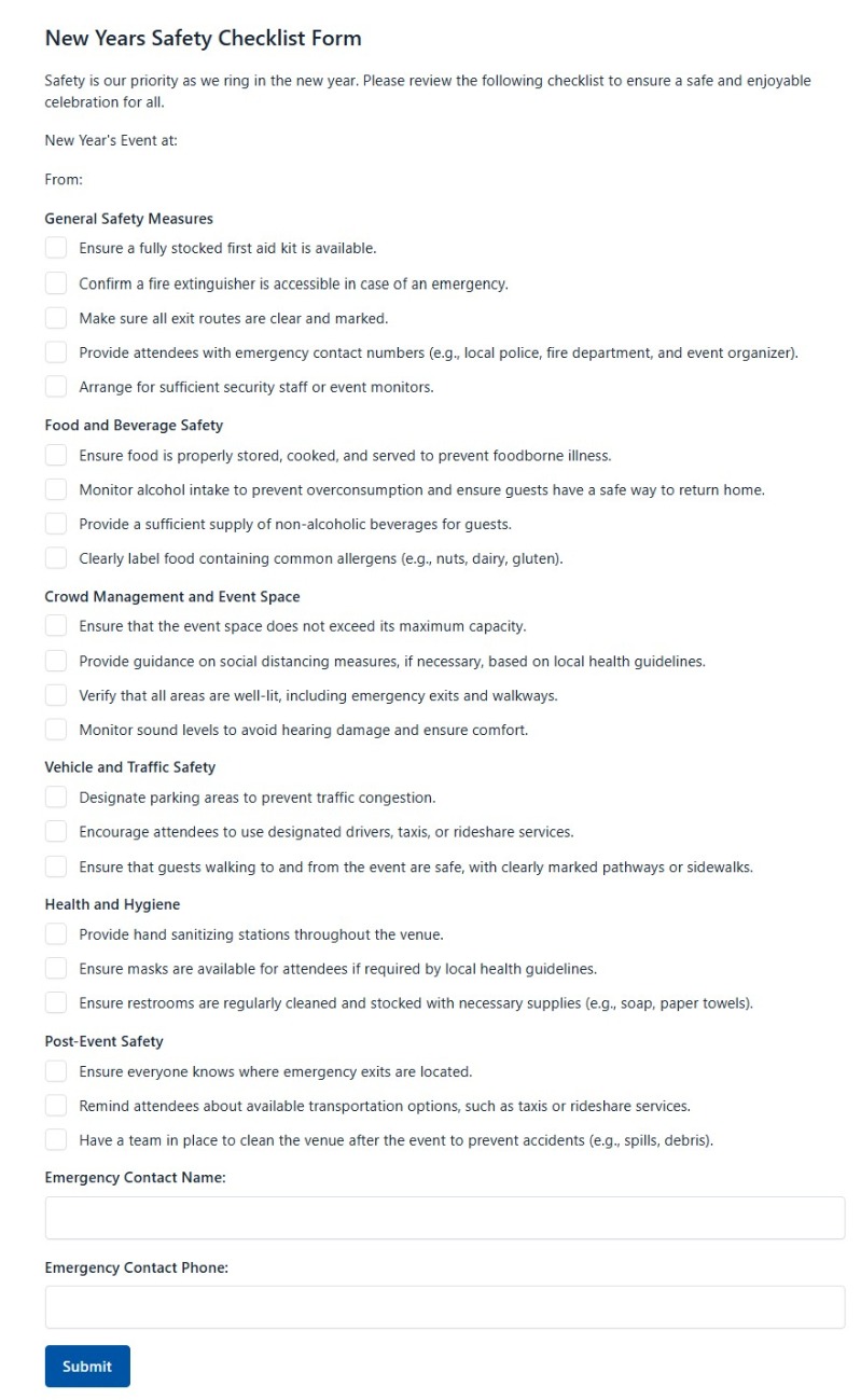 New Years Safety Checklist Form