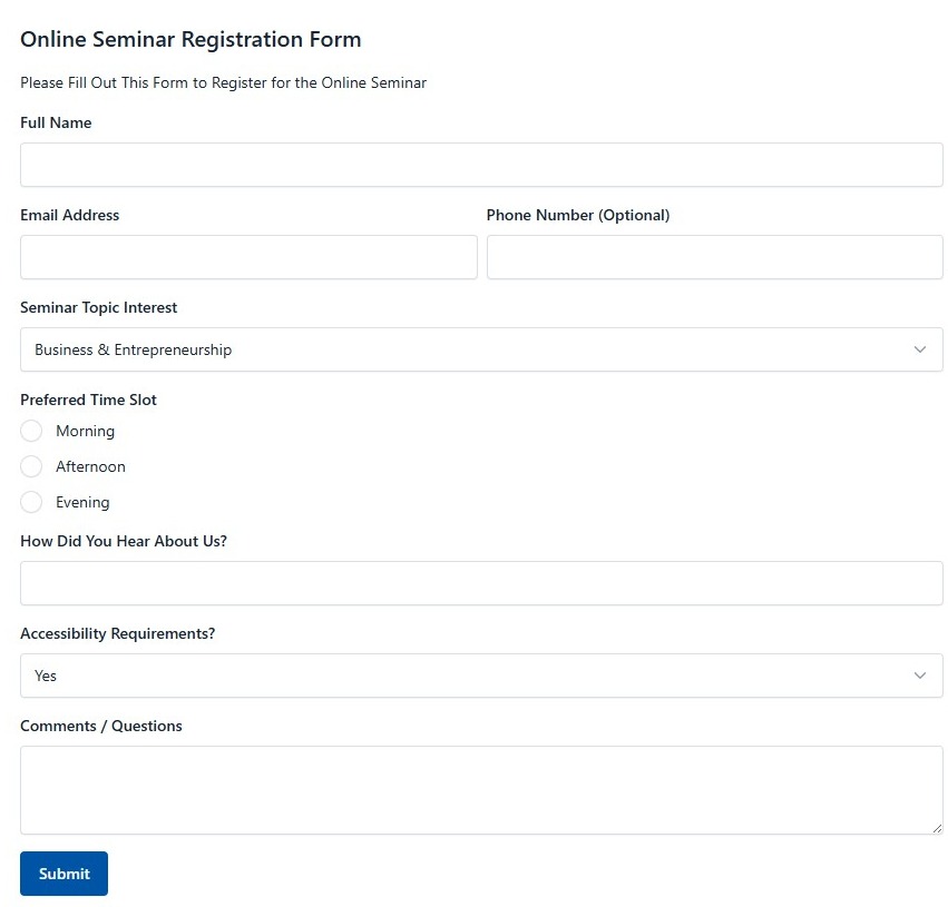 Online Seminar Registration Form