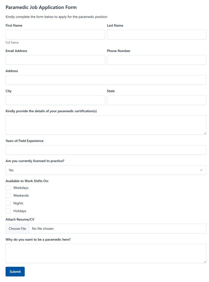 Paramedic Job Application Form