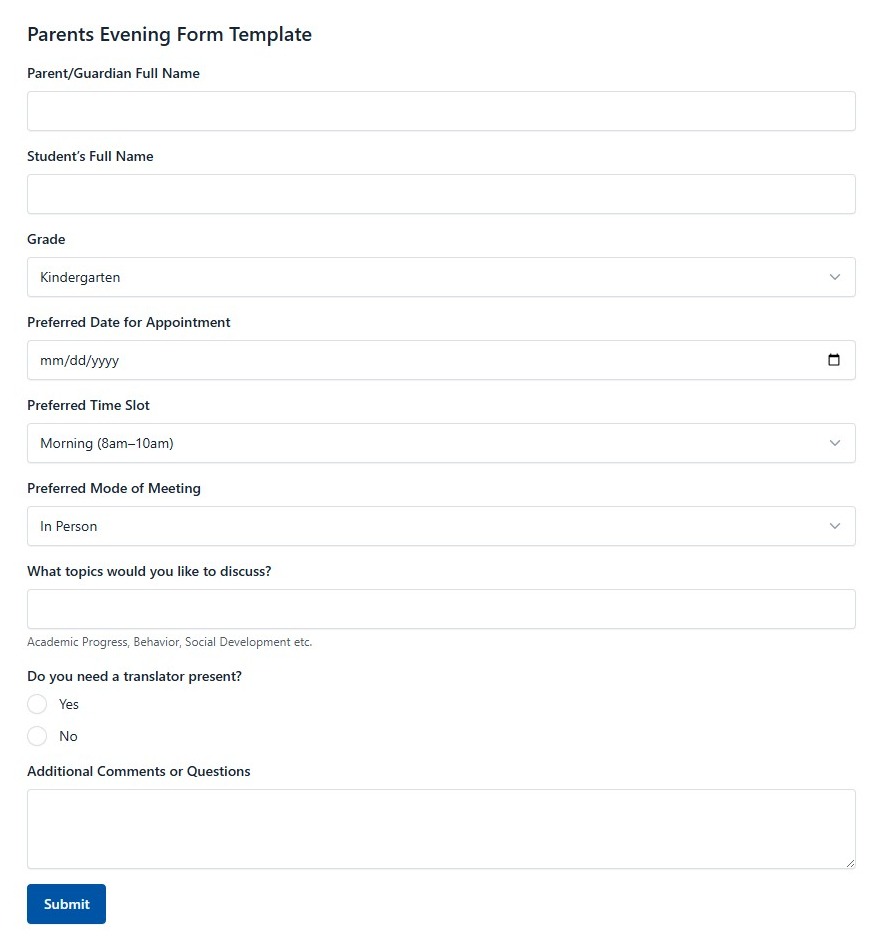 Parents Evening Form Template