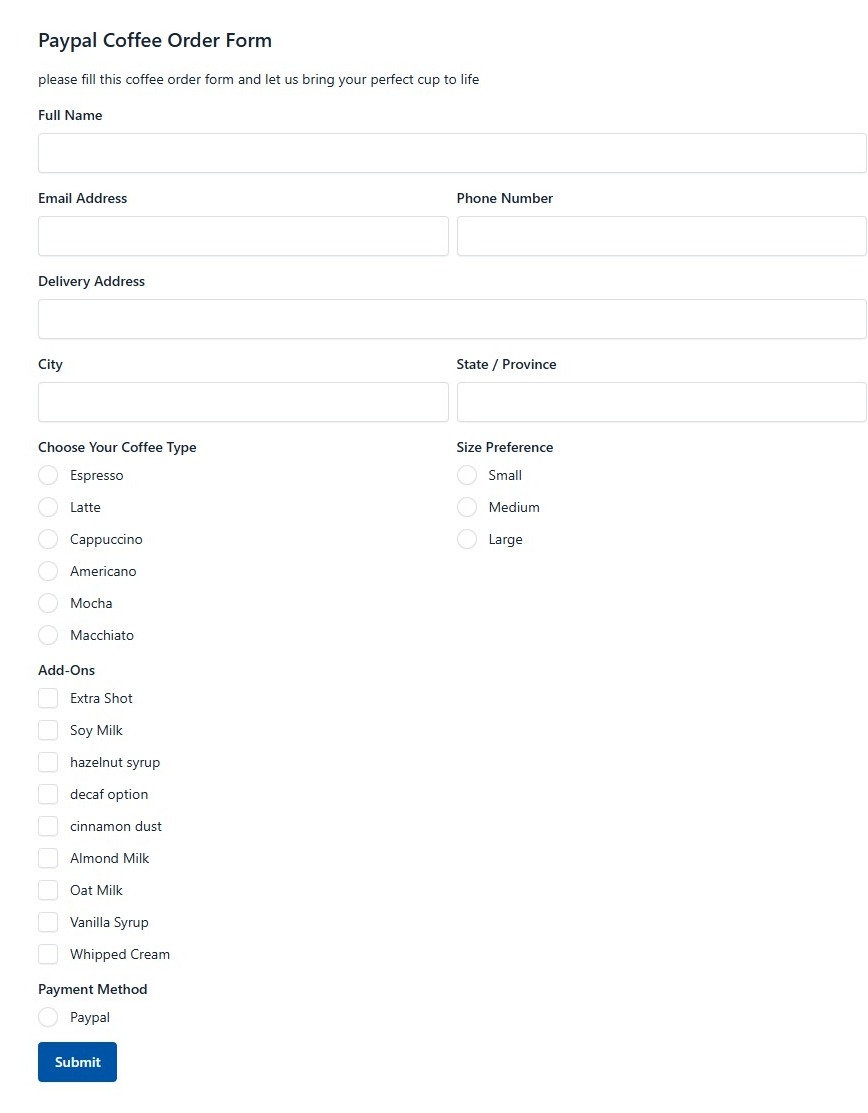 Paypal Coffee Order Form