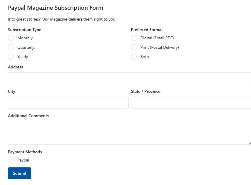 Paypal Magazine Subscription Form