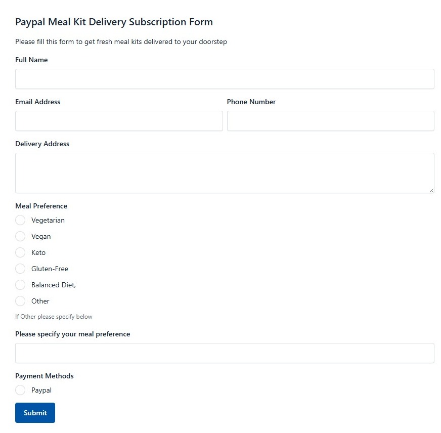 Paypal Meal Kit Delivery Subscription Form