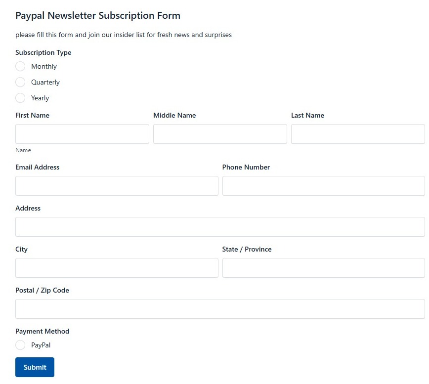 Paypal Newsletter Subscription Form