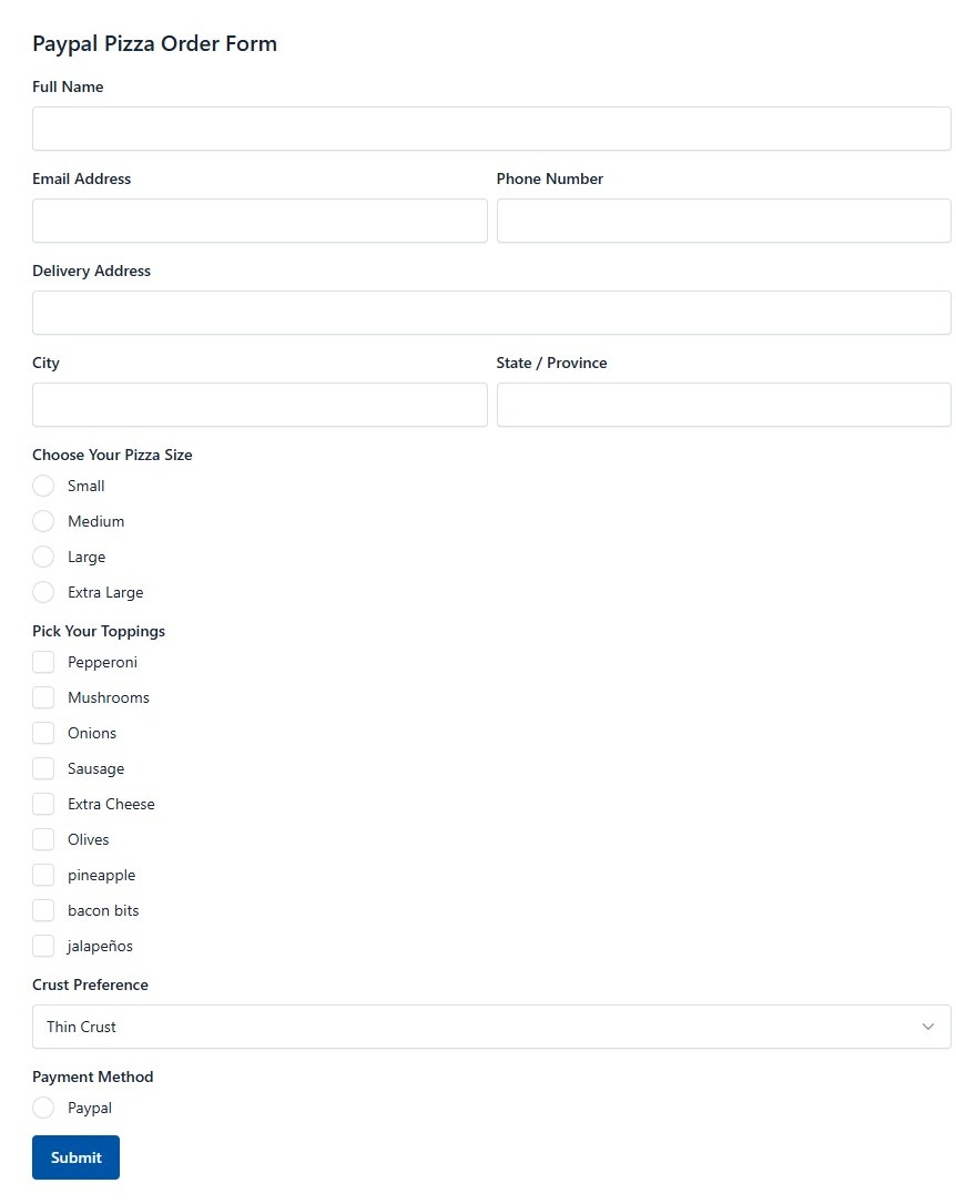 Paypal Pizza Order Form