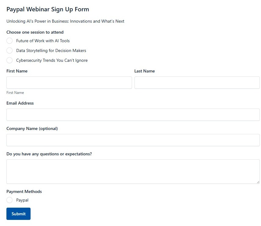 Paypal Webinar Sign Up Form