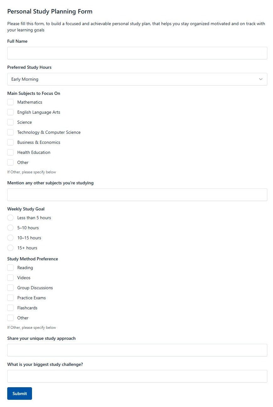 Personal Study Planning Form