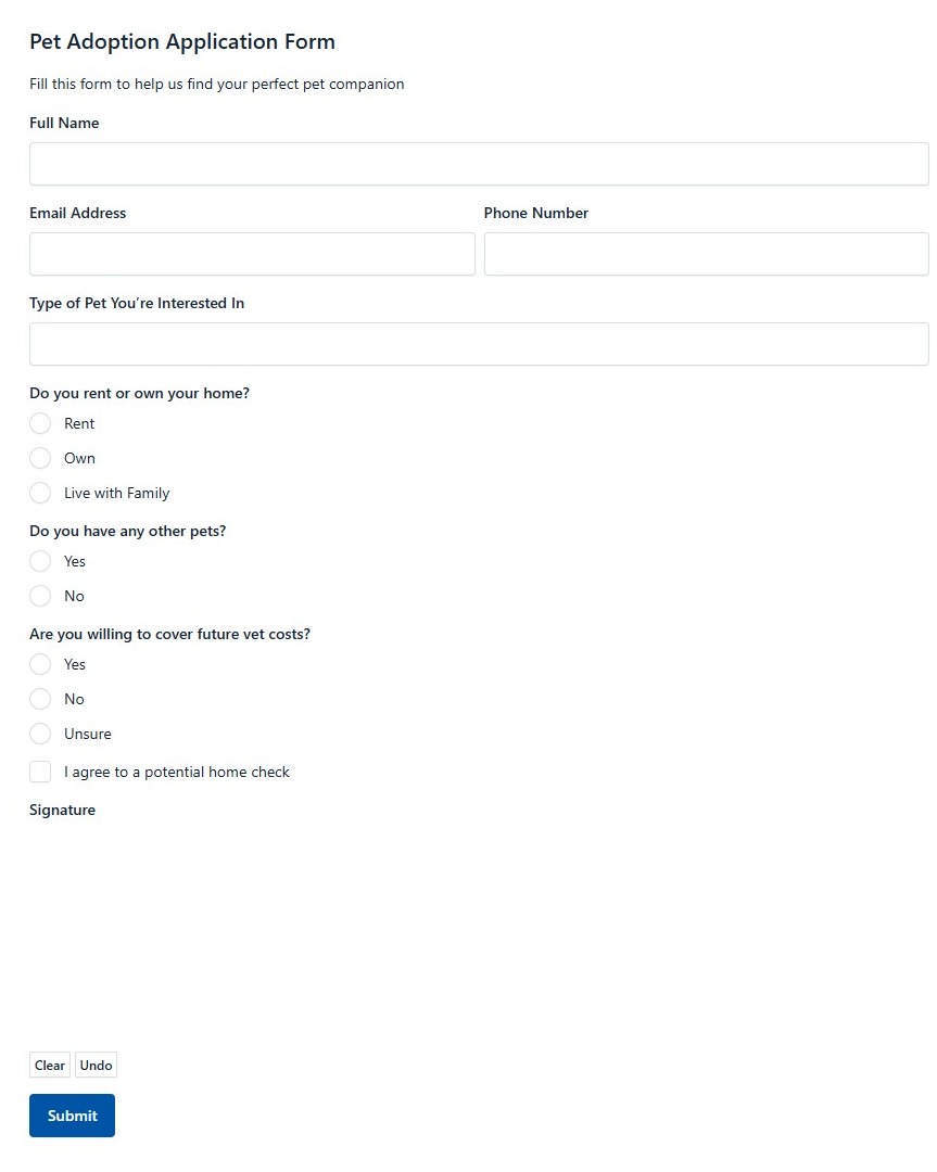 Pet Adoption Application Form