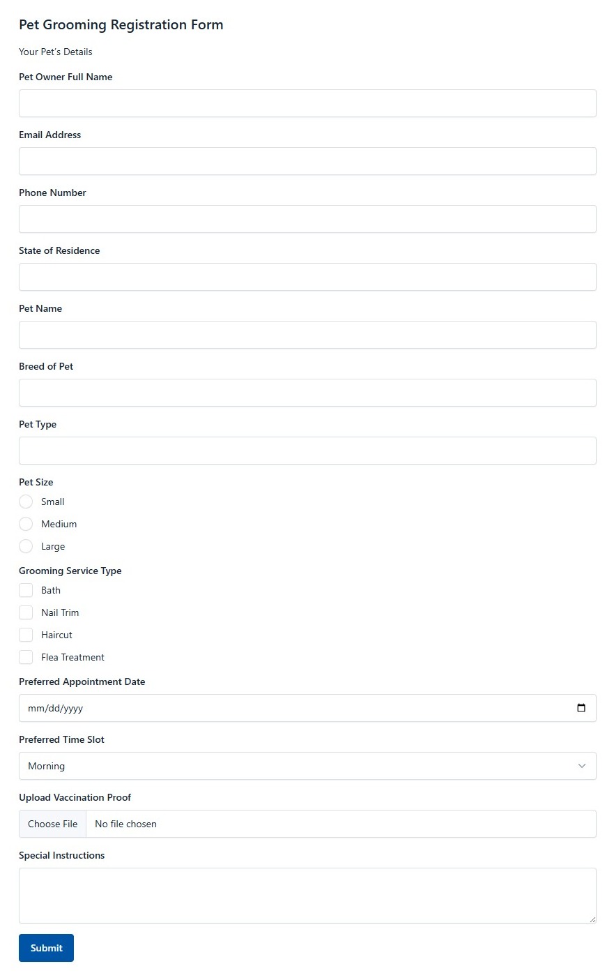 Pet Grooming Registration Form