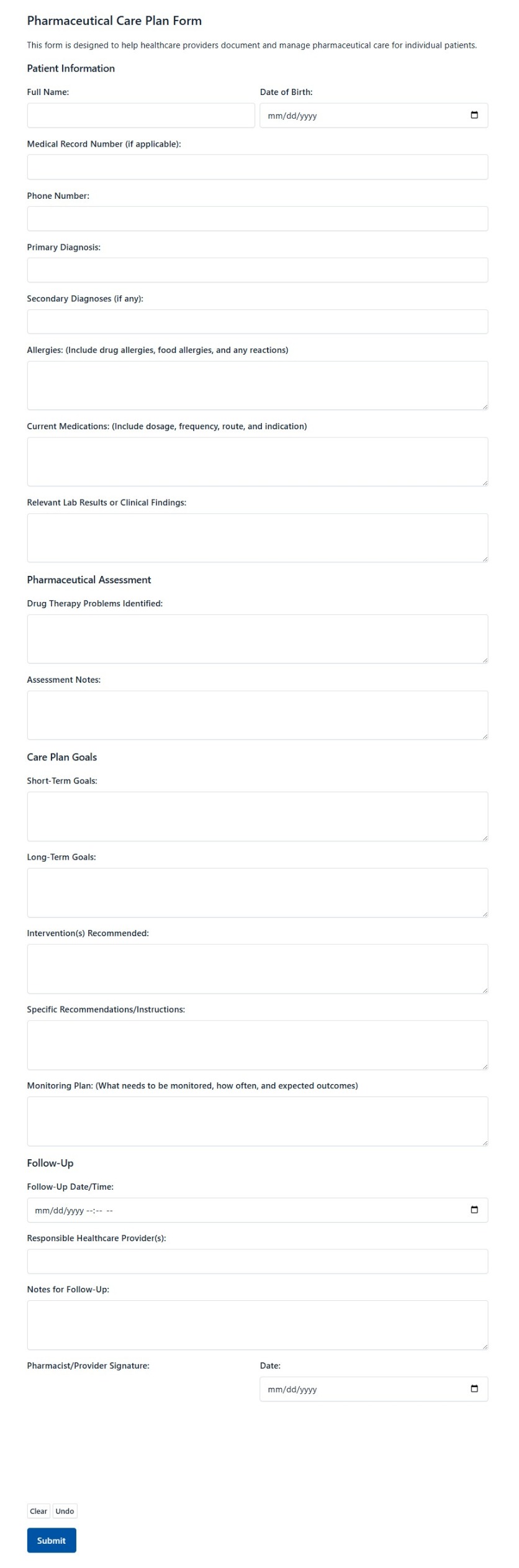Pharmaceutical Care Plan Form