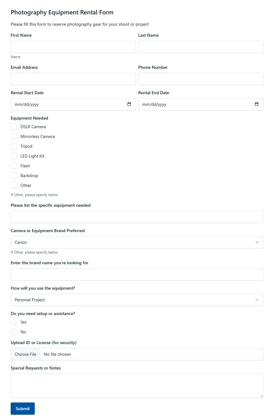 Photography Equipment Rental Form