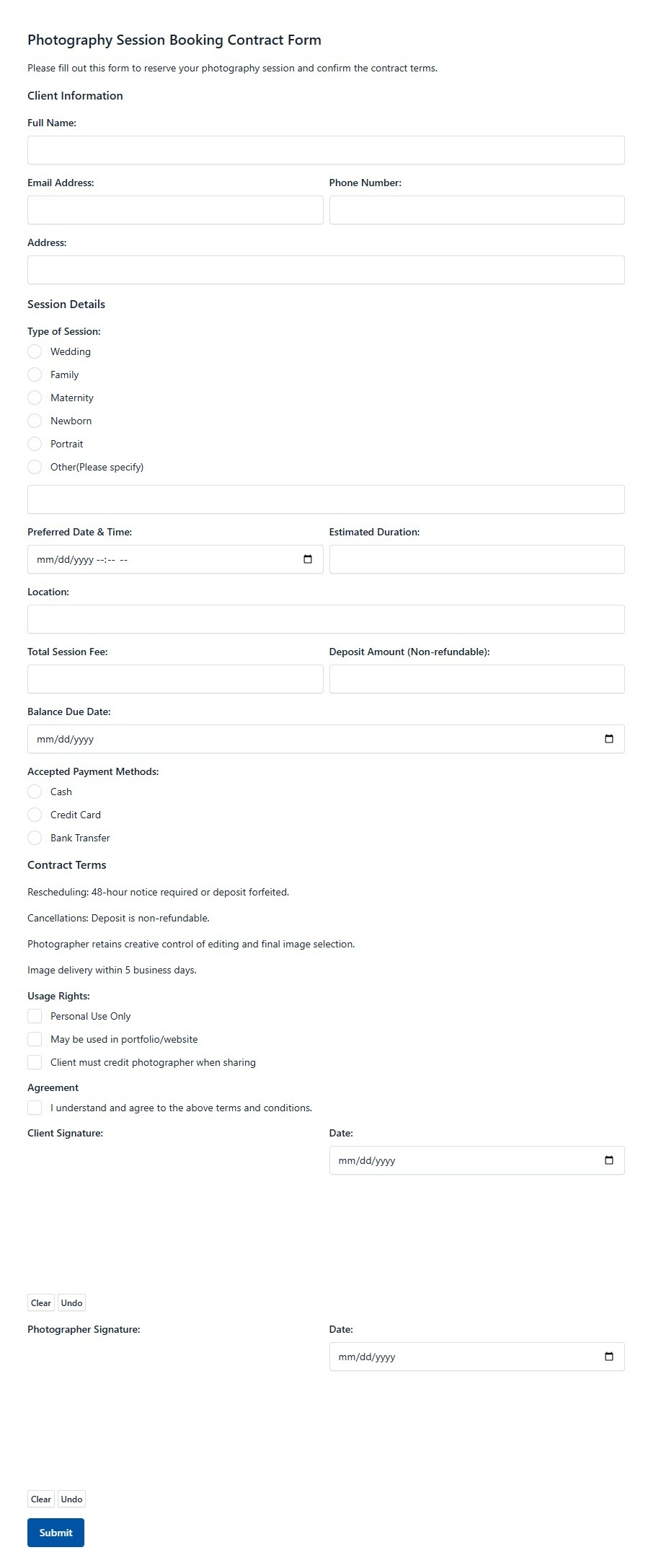 Photography Session Booking Contract Form