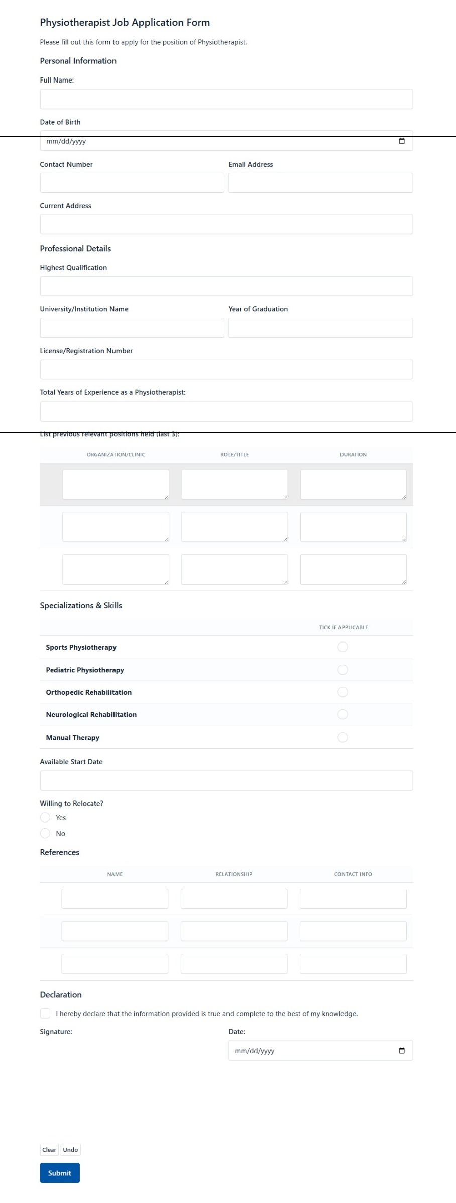 Physiotherapist Job Application Form