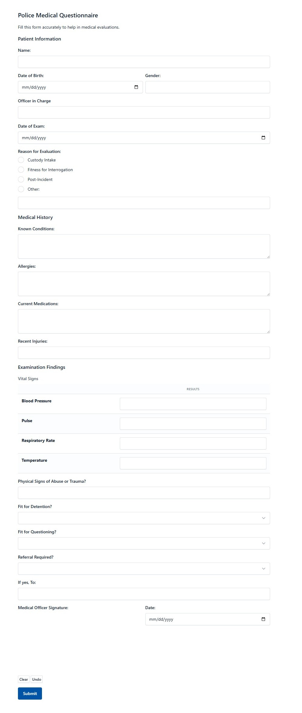 Police Medical Questionnaire