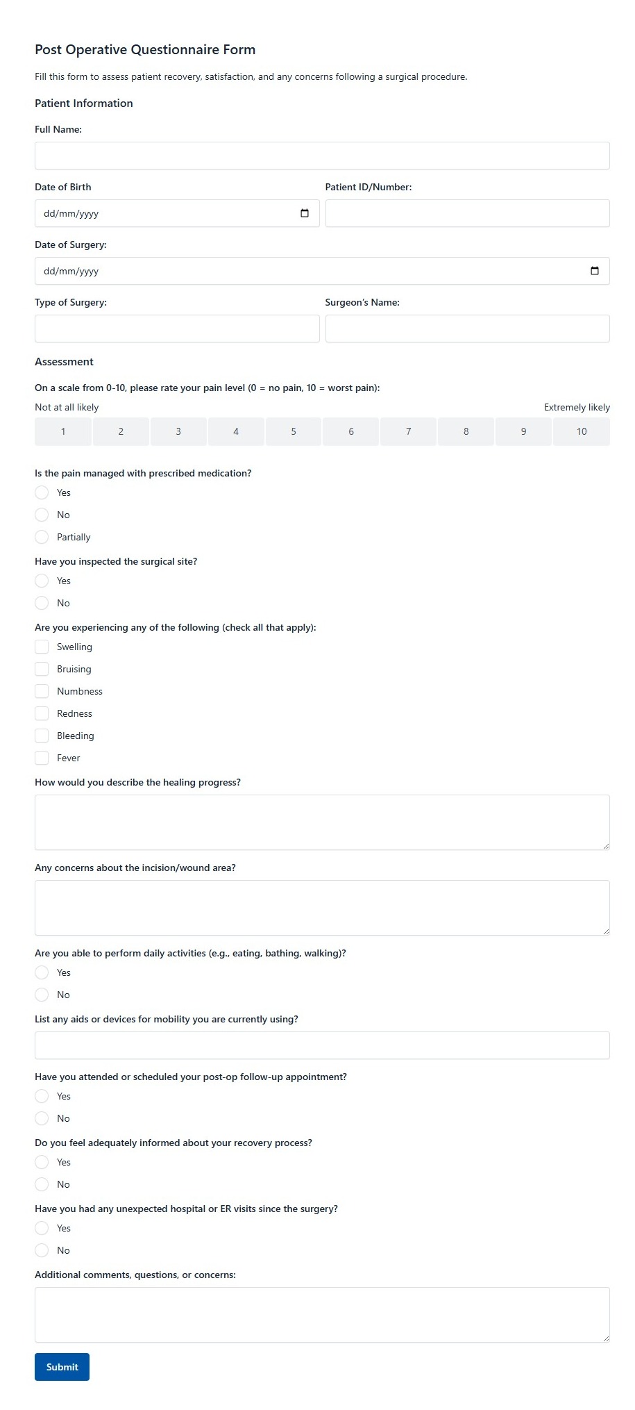 Post Operative Questionnaire Form