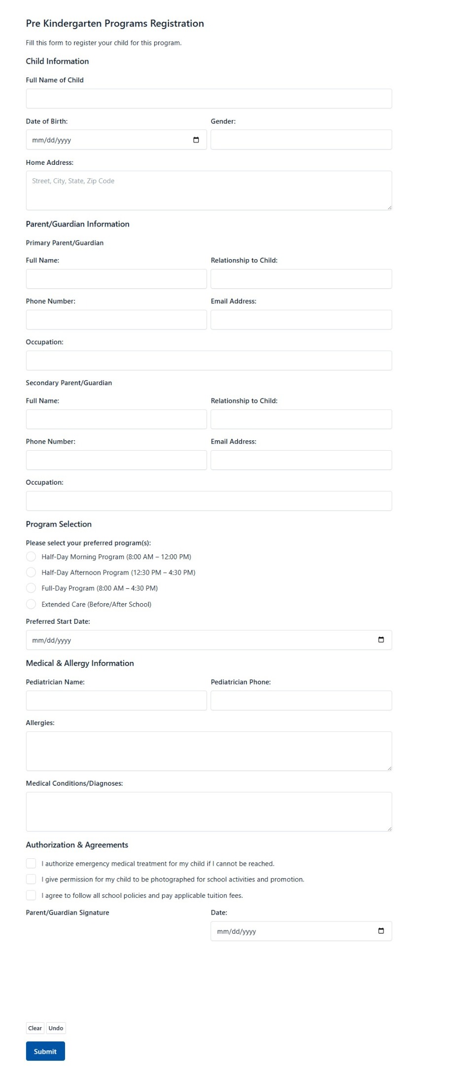 Pre Kindergarten Programs Registration