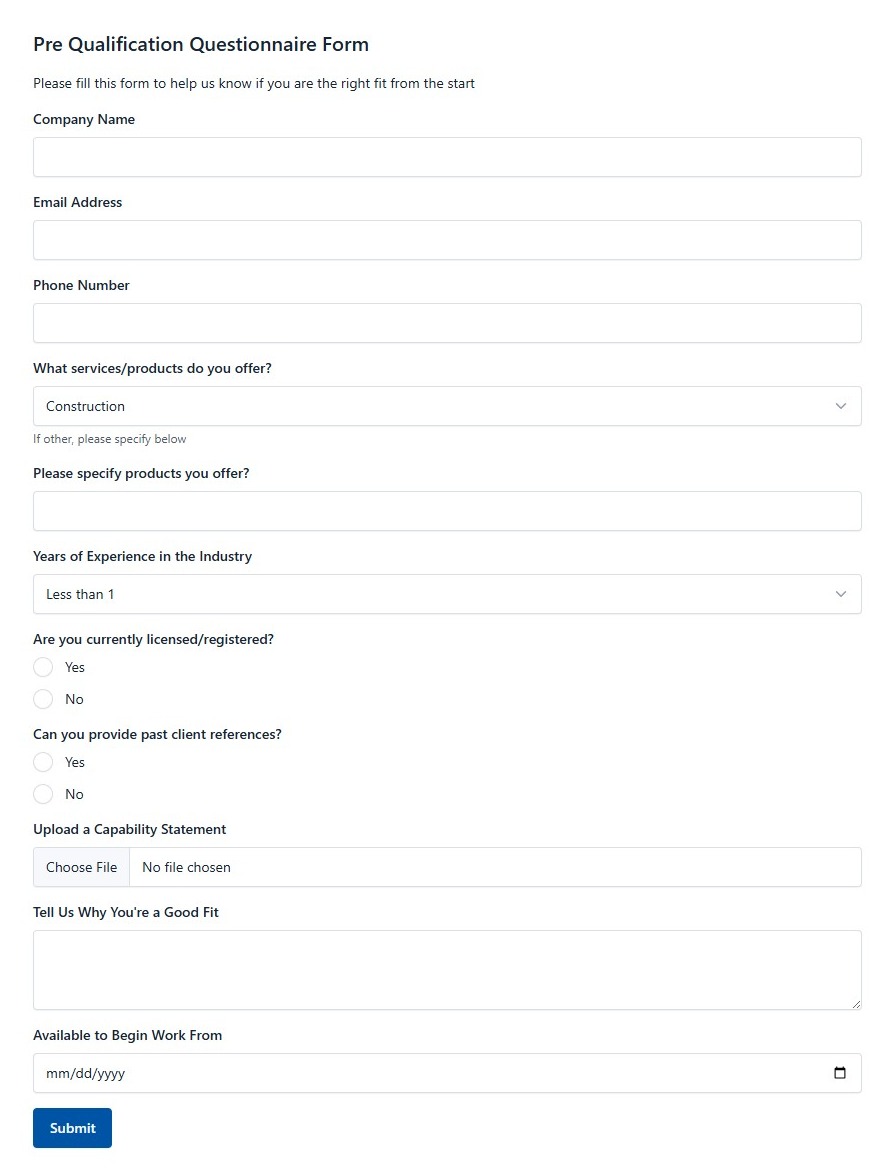 Pre Qualification Questionnaire Form