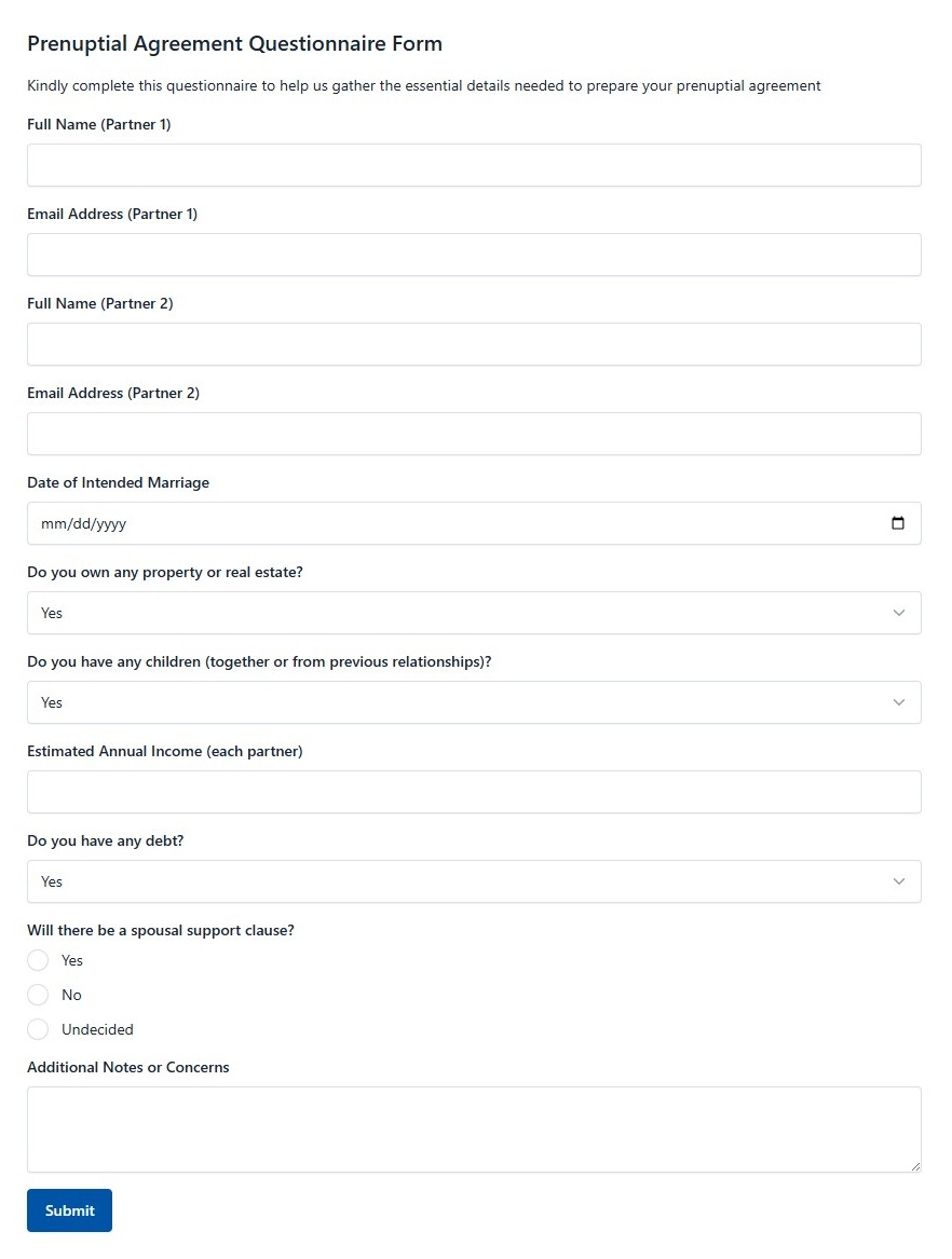 Prenuptial Agreement Questionnaire Form