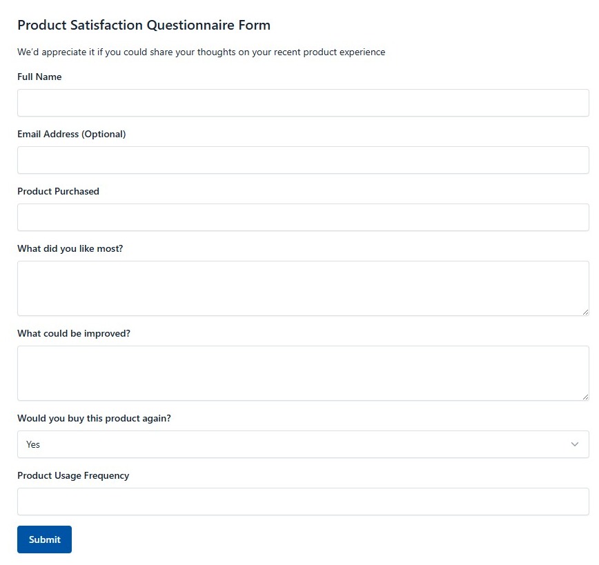 Product Satisfaction Questionnaire Form