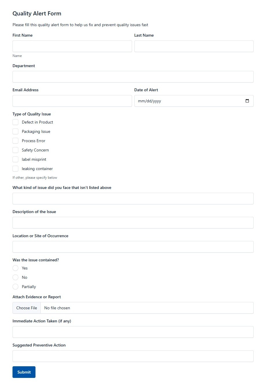 Quality Alert Form