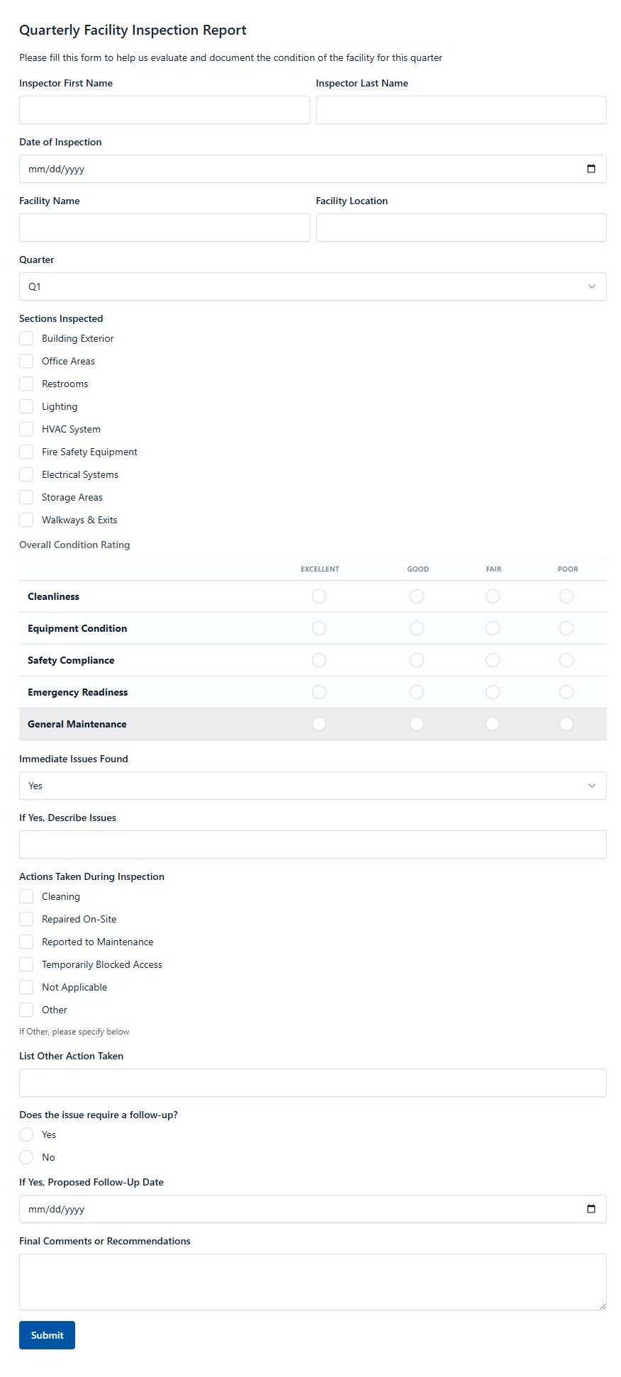 Quarterly Facility Inspection Report