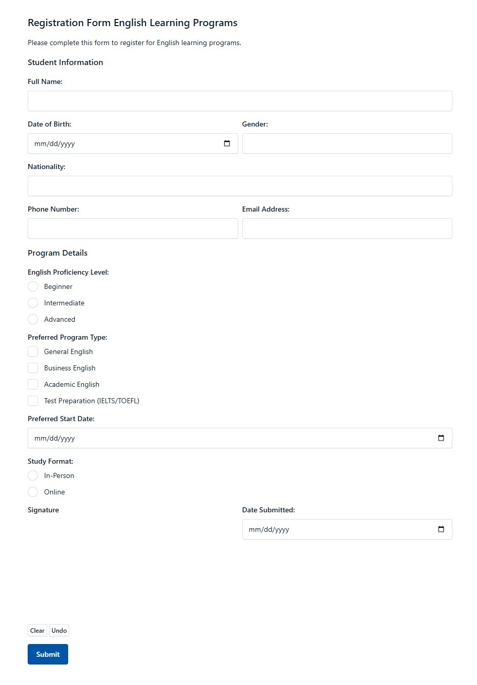 Registration Form English Learning Programs