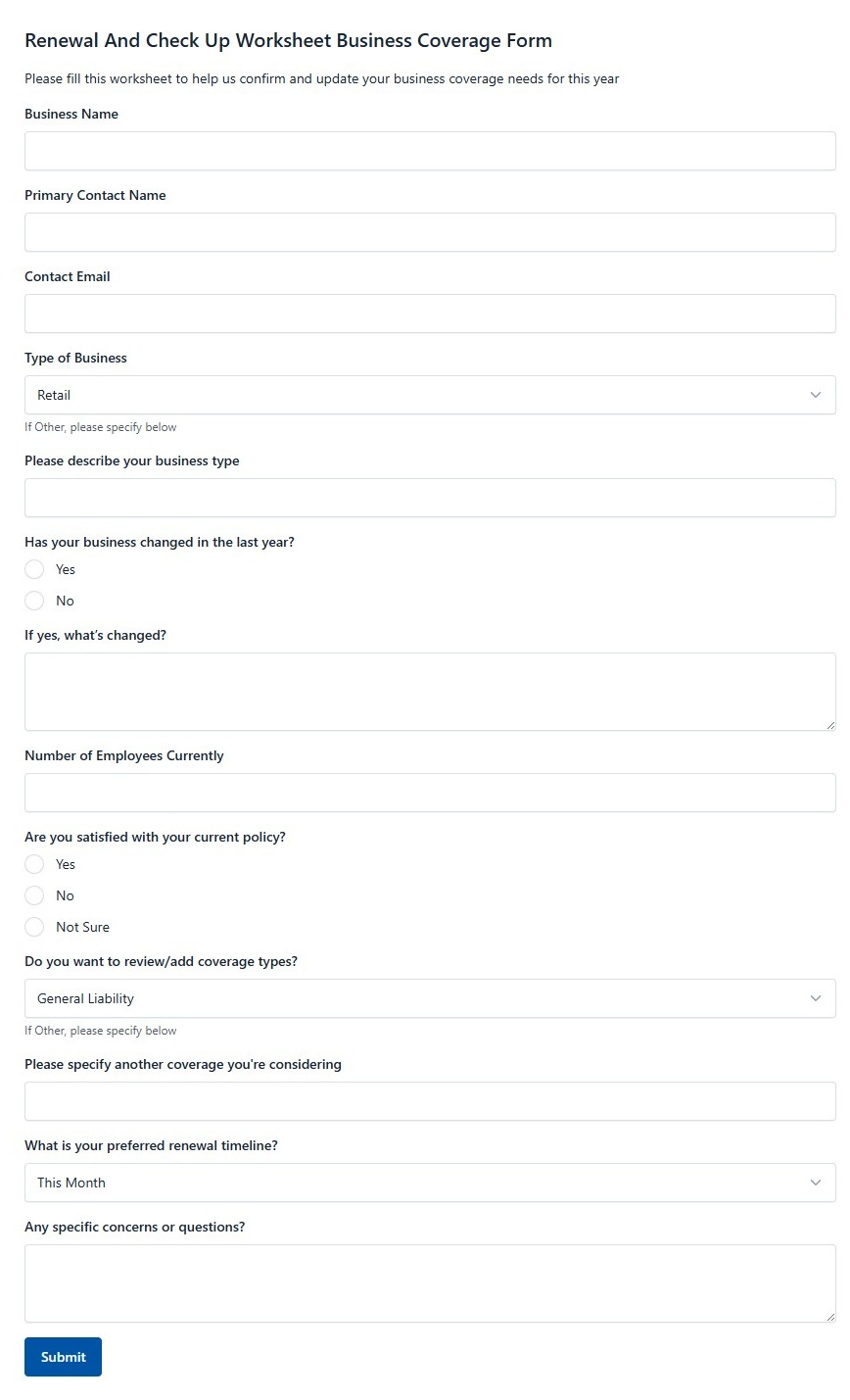 Renewal And Check Up Worksheet Business Coverage Form