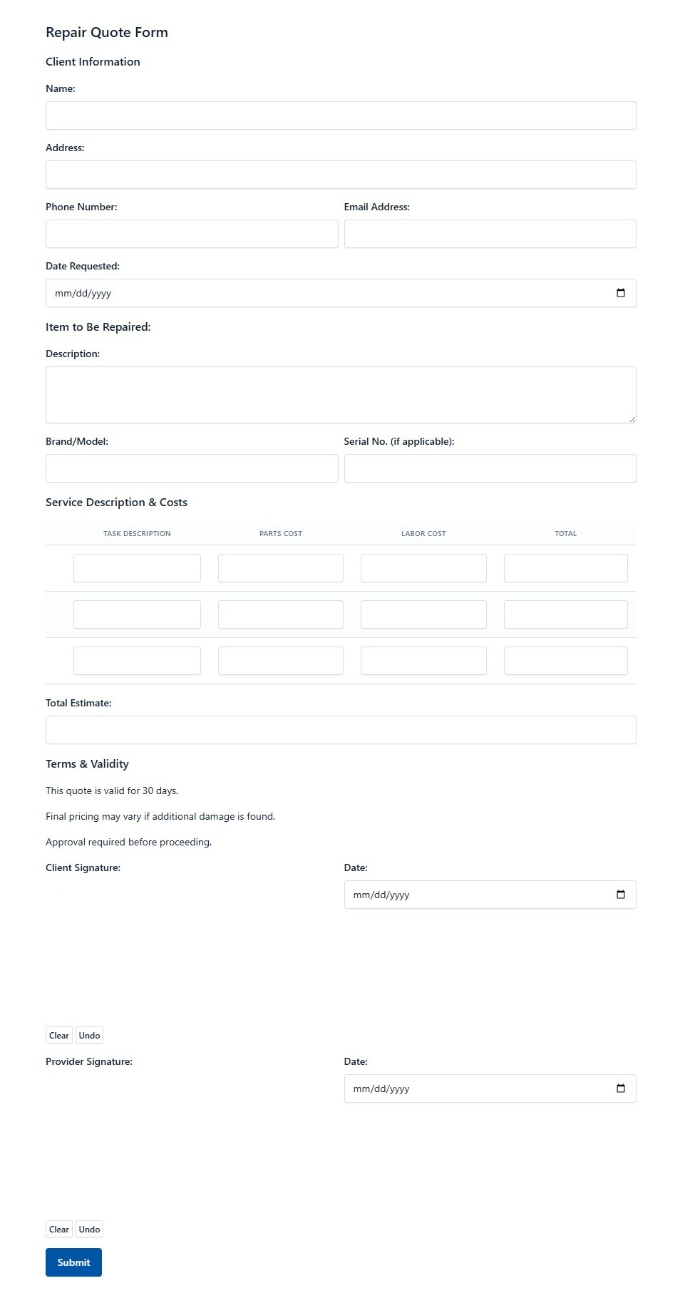 Repair Quote Form