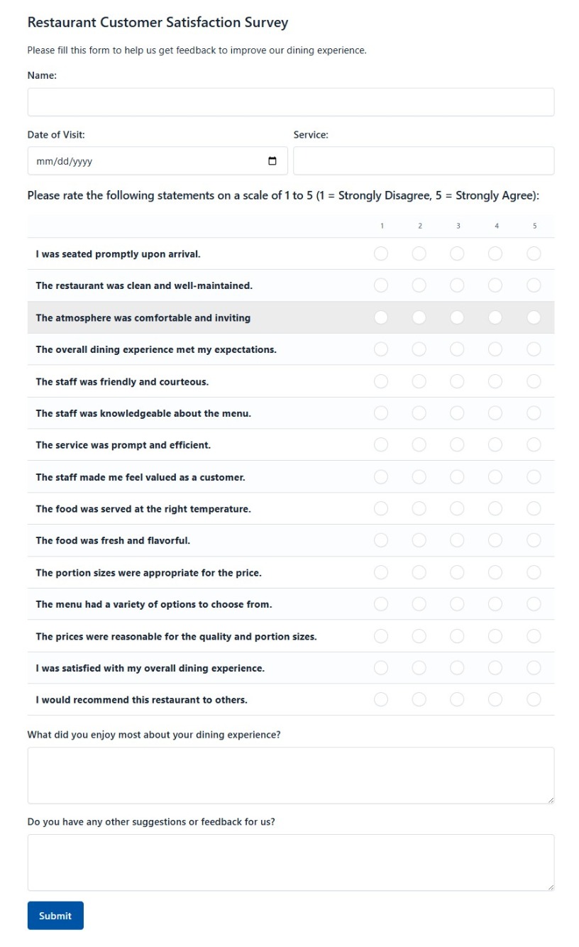 Restaurant Customer Satisfaction Survey