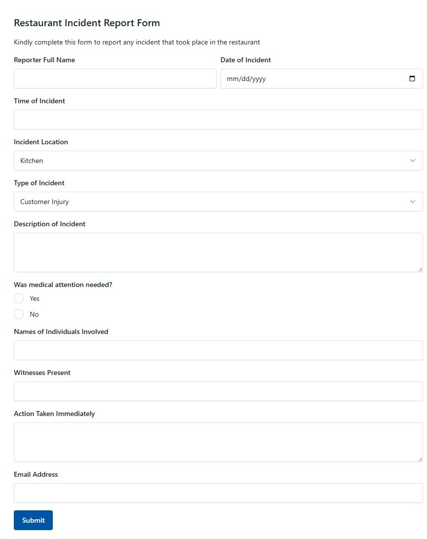 Restaurant Incident Report Form