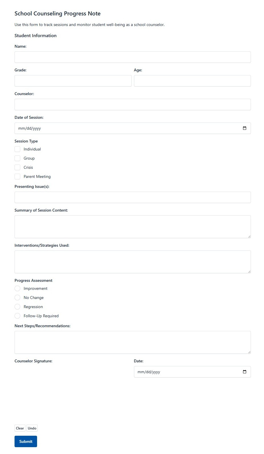 School Counseling Progress Note