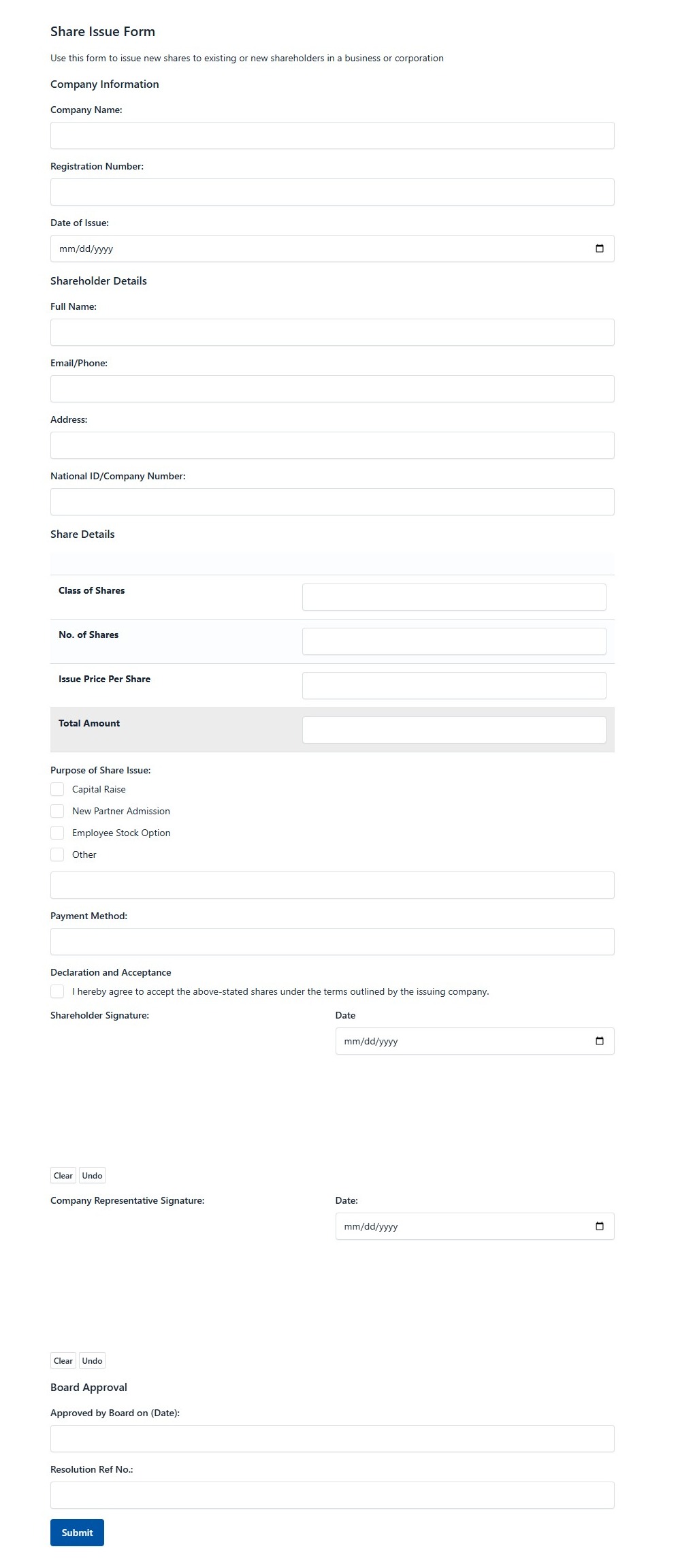Share Issue Form