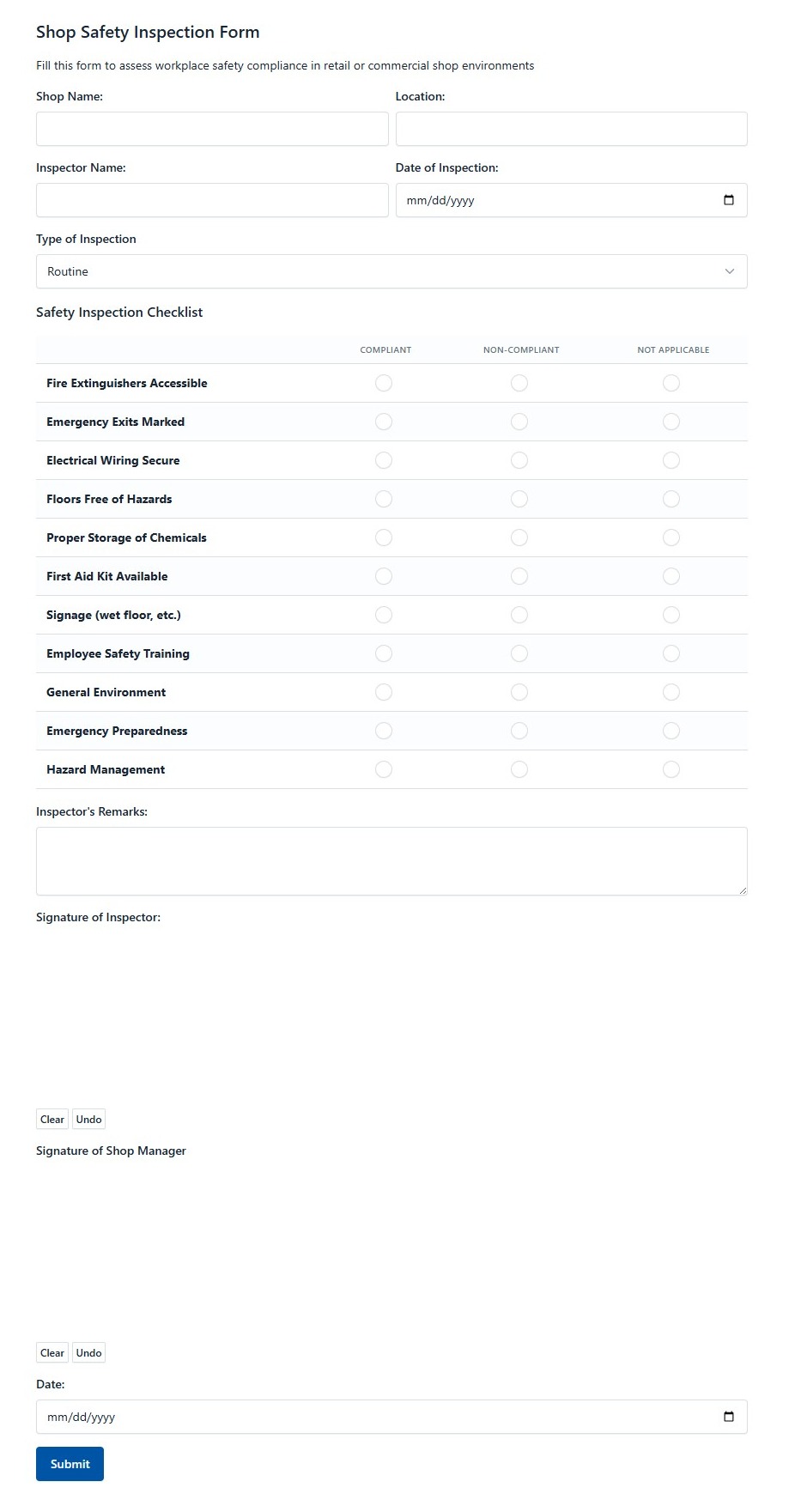 Shop Safety Inspection Form